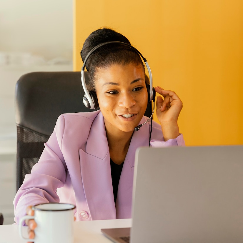 femme call center en ligne pour travail avec une tasse de café devant un ordinateur